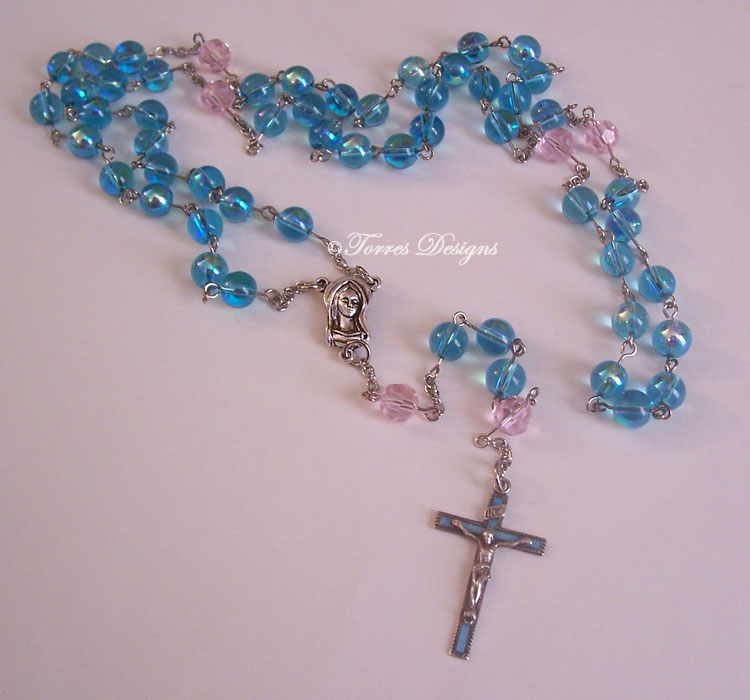 Fire Blue Iridescent and Baby Pink Glass Beads Rosary