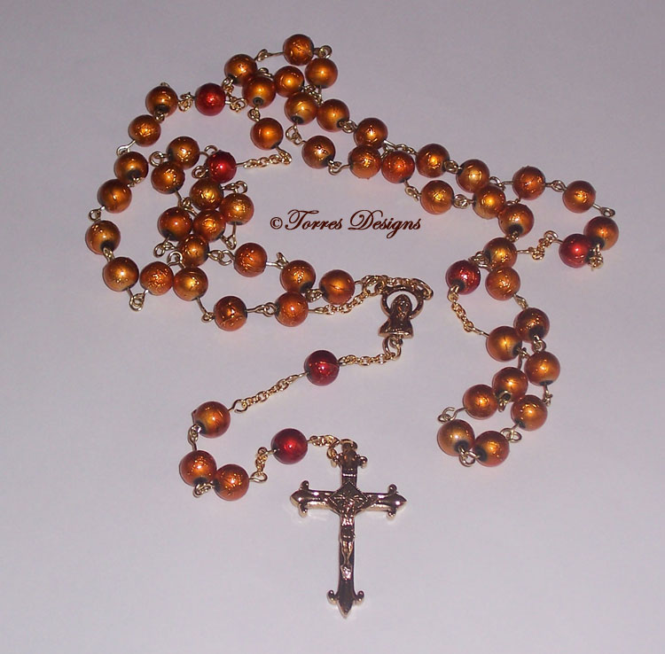 Dark Gold Crush Lampwork Glass Beads Rosary