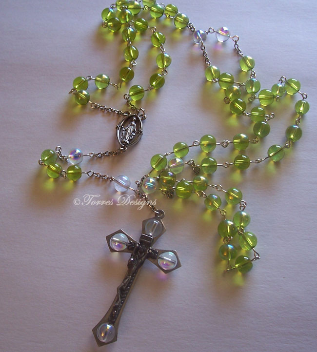 Fire Green and Clear Iridescent Glass Beads Rosary