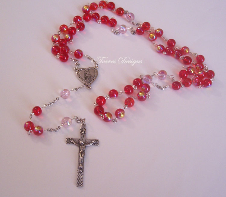 Fire Red and Baby Pink Iridescent Glass Beads Rosary