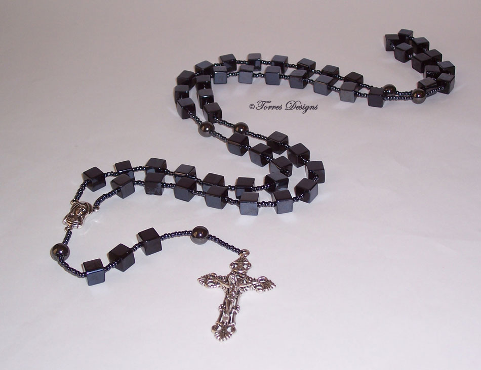 Black Metallic Cube Large Glass Beads Rosary