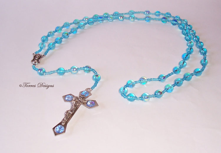 Blue Iridescent Fire Polish Glass Beads Rosary