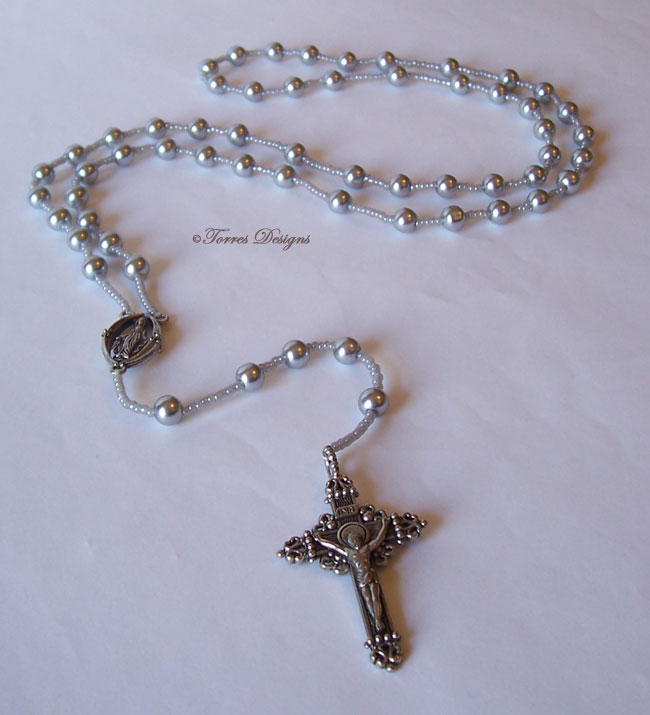 Shiny Metallic Silver Pearl Shape Glass Beads Rosary