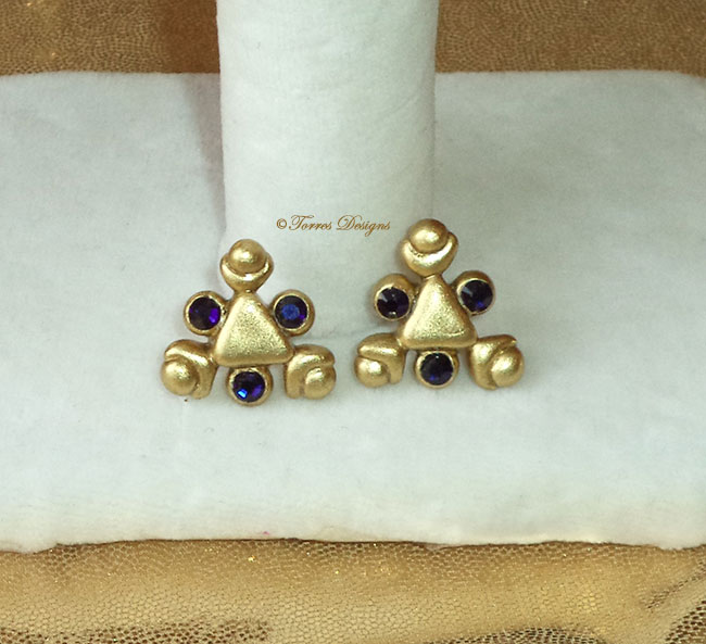 Zora Sapphire Swarovski Crystals and 14K Gold Post Earrings Spiritual Stone Legend of Zelda Ocarina of Time Handmade Custom OOAK One of a Kind TorresDesigns Torres Designs