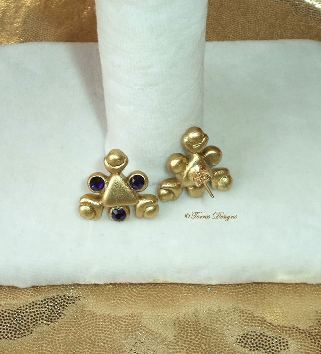 Zora Sapphire Swarovski Crystals and 14K Gold Post Earrings Spiritual Stone Legend of Zelda Ocarina of Time Handmade Custom OOAK One of a Kind TorresDesigns Torres Designs